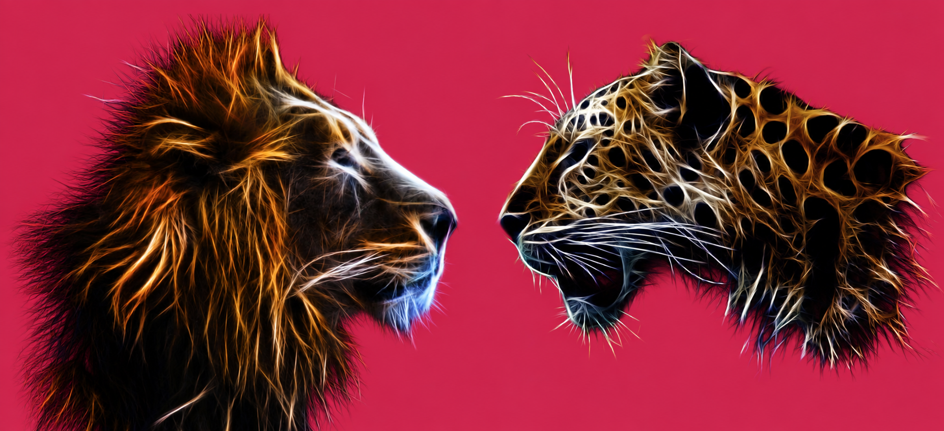 Lion et léopard lumineux sur fond rose
